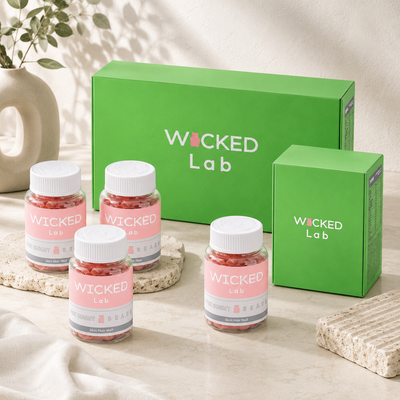 [Hair|شعر] (set) Wicked - Lab Pink Gummy Bear Vegan Multi Vitamin Biotin Jelly 1500 mcg 4 Bottles (160 Gum) | مجموعة Wicked - Lab دب جيلي وردي نباتي متعدد الفيتامينات بيوتين جيلي 1500 mcg 4 زجاجات (160 قطعة جيلي)