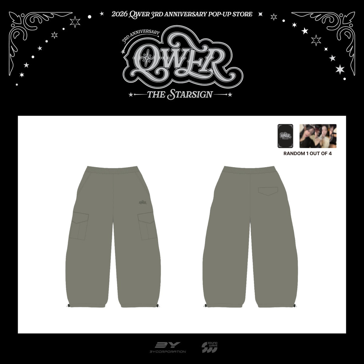 [QWER|كيو دبليو إي آر] {Kpop} (One) QWER - Cargo Pants (Free Size, Waist 42 cm) + Photocard (3rd Anniversary Pop-Up [THE STAR SIGN]) | كيو دبليو إي آر - بنطال كارجو (مقاس حر، الخصر ٤٢ سم) + بطاقة صورة (المتجر المؤقت للذكرى الثالثة [THE STAR SIGN])