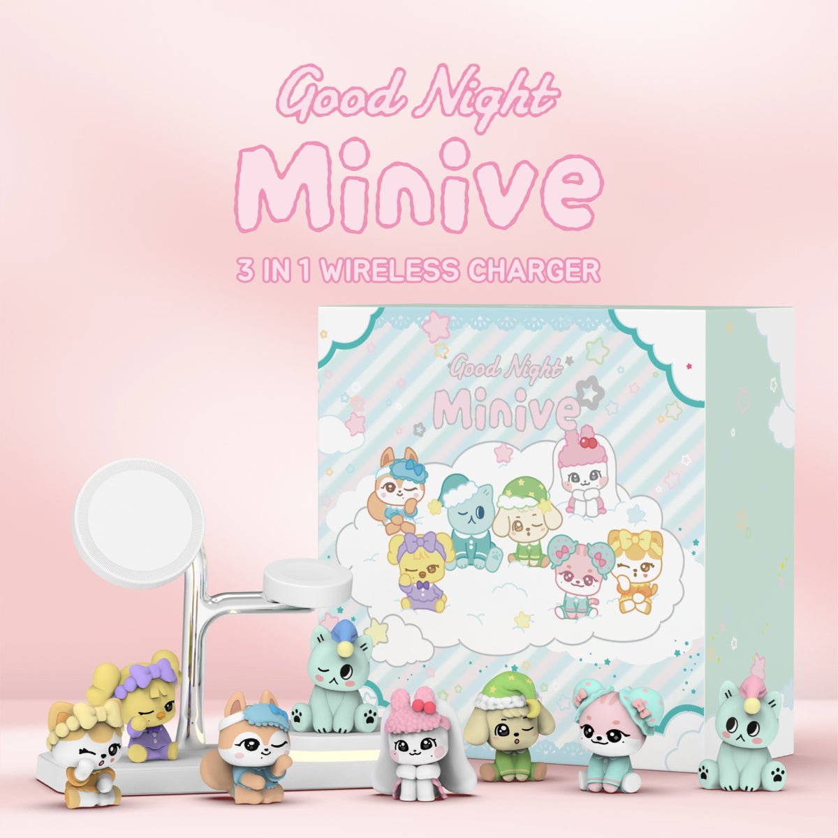 [IVE|آيف] {Kpop} (Set) IVE - MINIVE x MINTRAON 3-in-1 Wireless Charger Luxury Package Set 234 x 234 x 105 mm | آيف - شاحن لاسلكي ٣ في ١ من ميني في × مينت راون طقم العبوة الفاخرة