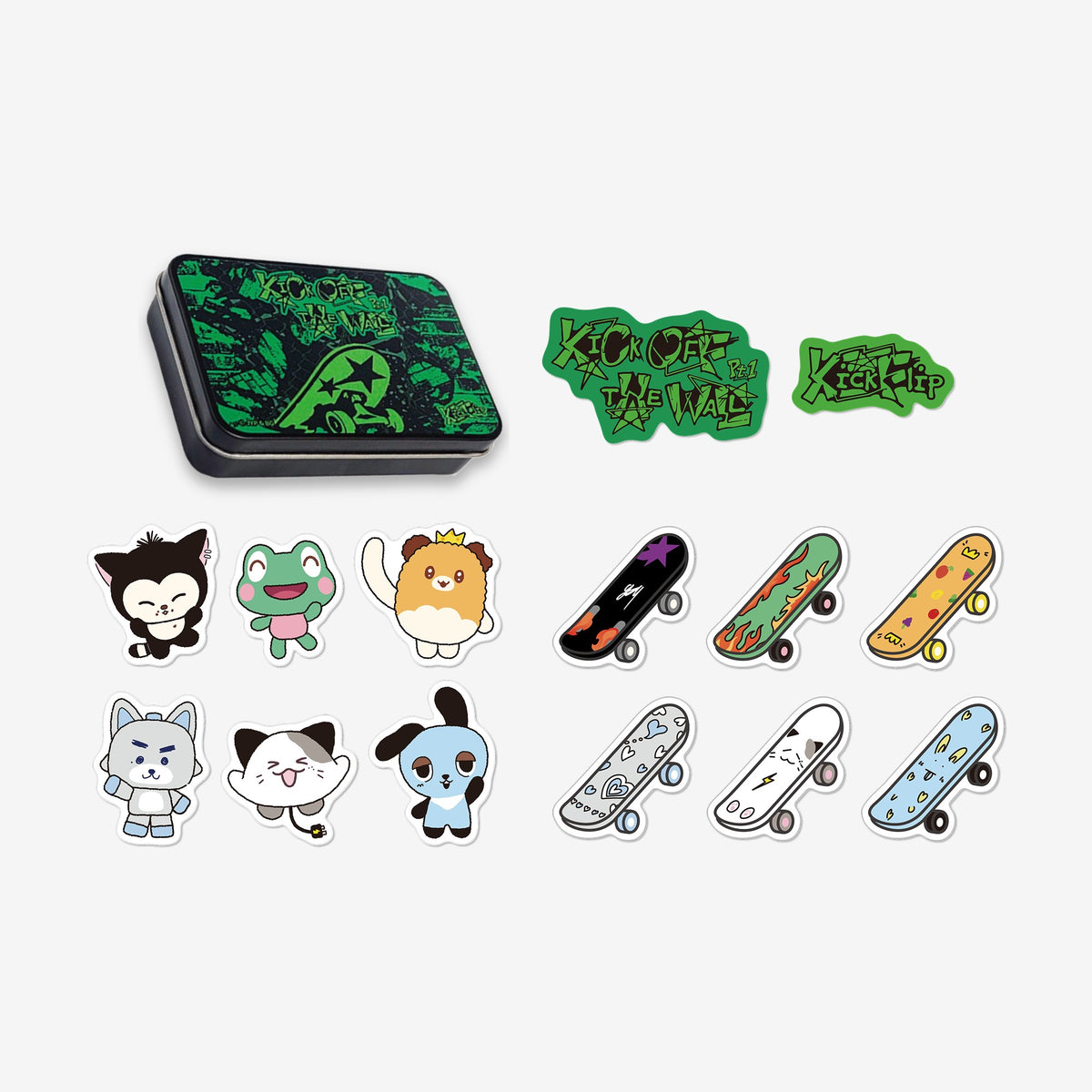 [KickFlip|كيك فليب] {Kpop} (One) KICKFLIP - Tin Case 9.5 x 6.5 cm + 14 Stickers (KICK OFF THE WALL Pt.1 Pop-Up Store) | كيك فليب - علبة معدنية 9.5 × 6.5 سم + 14 ملصقًا (متجر كيك أوف ذا وول الجزء الأول المؤقت)
