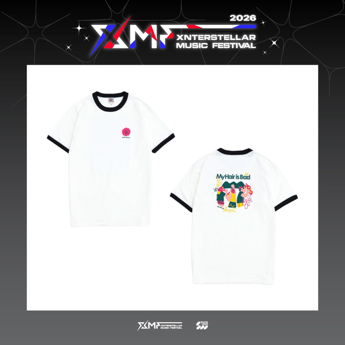[My Hair is Bad|ماي هير إز باد] {Kpop} (One) MY HAIR IS BAD - Live T-Shirt (White Ringer, Size M / L / XL) (XMF 2026 Xnterstellar Music Festival) | ماي هير إز باد - تي شيرت الحفلات (أبيض، مقاس M / L / XL) (مهرجان XMF 2026 إكسنترستيلار الموسيقي)
