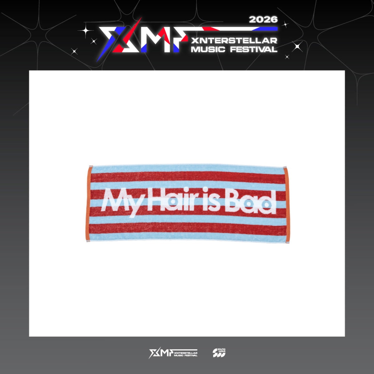 [My Hair is Bad|ماي هير إز باد] {Kpop} (One) MY HAIR IS BAD - Border Logo Towel (Red / Blue / White Stripe) (XMF 2026 Xnterstellar Music Festival) | ماي هير إز باد - منشفة بشعار مخطط (أحمر وأزرق وأبيض) (مهرجان XMF 2026 إكسنترستيلار الموسيقي)