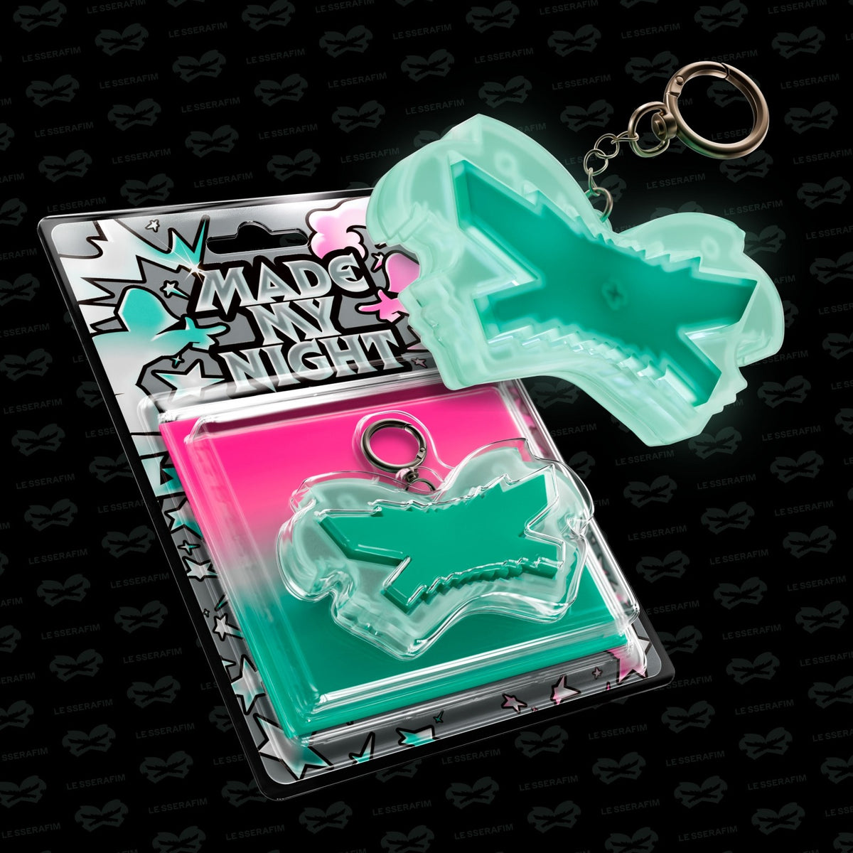 [LE SSERAFIM|لو سيرافيم] {Kpop} (Set) LE SSERAFIM - 2nd Single Album [Made My Night] (Glow Clicker Keychain, Mint Ver.) 123 x 166 x 33 mm | لو سيرافيم - الألبوم المفرد الثاني [Made My Night] (ميدالية كليكر مضيئة، النسخة النعناعية) ١٢٣ × ١٦٦ × ٣٣ مم