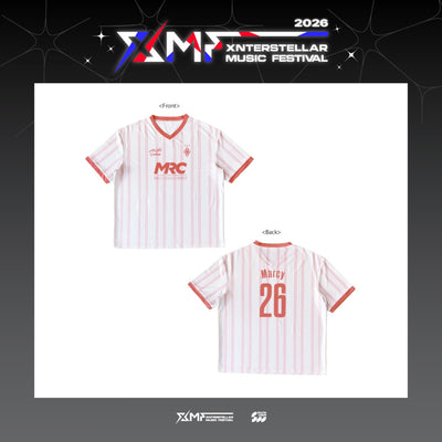 [Marcy|مارسي] {Kpop} (One) MARCY - Striped Football Shirt (White / Red, Front & Back Print) (XMF 2026 Xnterstellar Music Festival) | مارسي - قميص كرة قدم مخطط (أبيض وأحمر، طباعة أمامية وخلفية) (مهرجان XMF 2026 إكسنترستيلار الموسيقي)