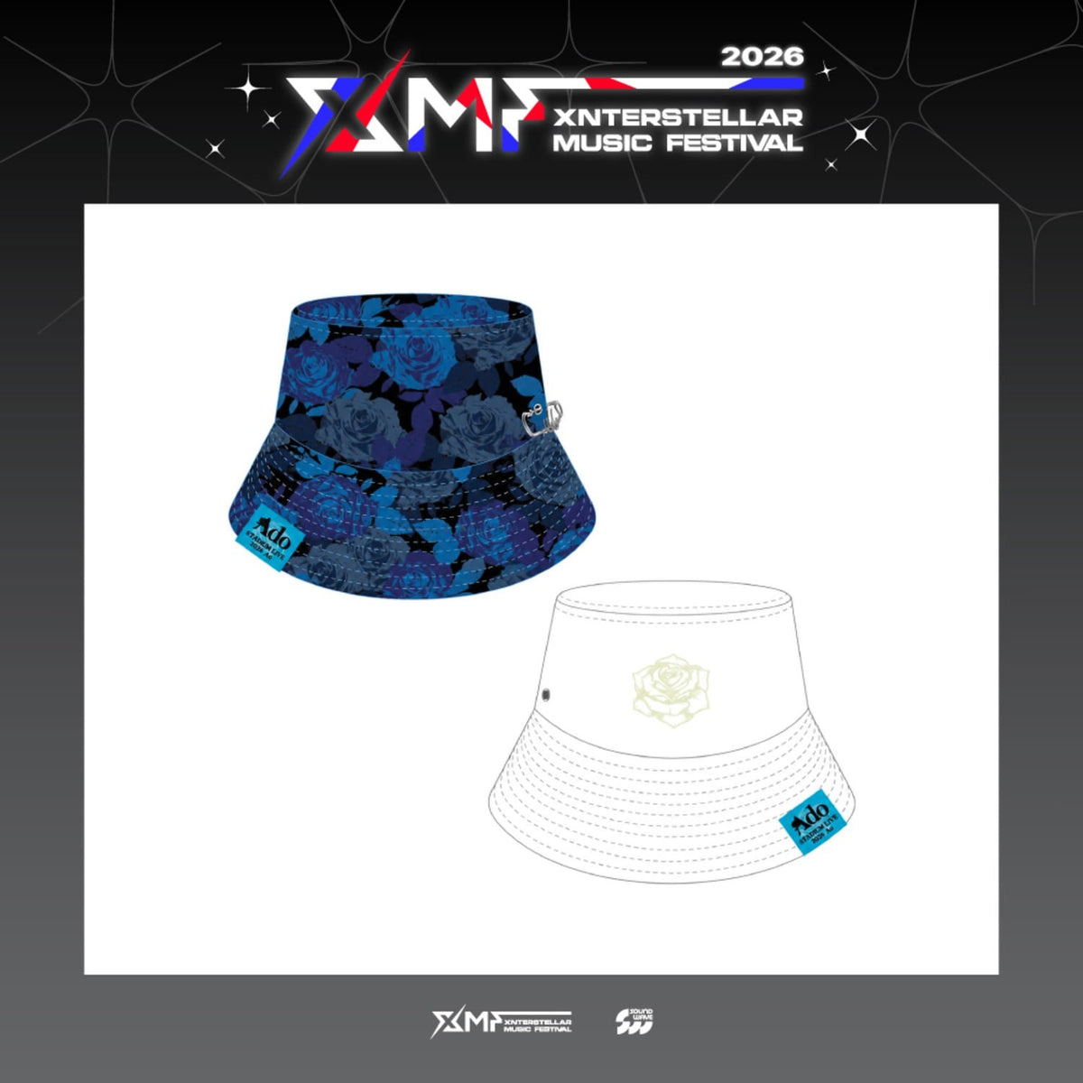 [Ado|آدو] {Kpop} (One) ADO - Reversible Bucket Hat, Blue Rose / Cream, Free Size (XMF 2026 Xnterstellar Music Festival) | آدو - قبعة باكت ذات وجهين، ورود زرقاء / كريمي، مقاس حر