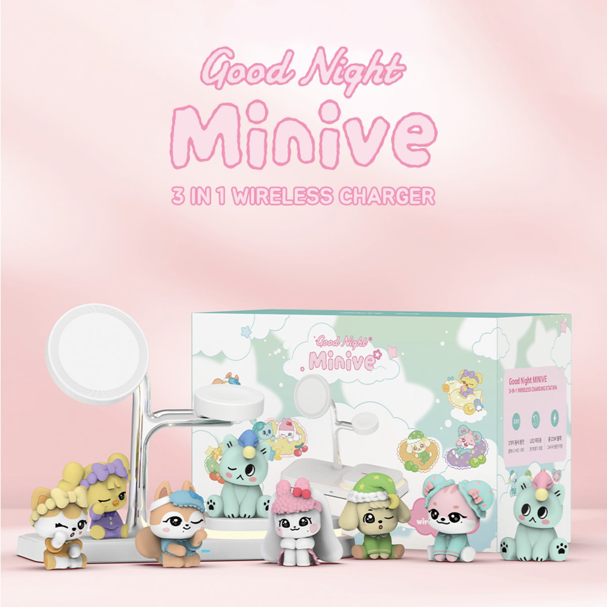 [IVE|آيف] {Kpop} (Set) IVE - MINIVE x MINTRAON 3-in-1 Wireless Charger with Random Figure 180 x 140 x 90 mm | آيف - شاحن لاسلكي ٣ في ١ من ميني في × مينت راون مع مجسم عشوائي
