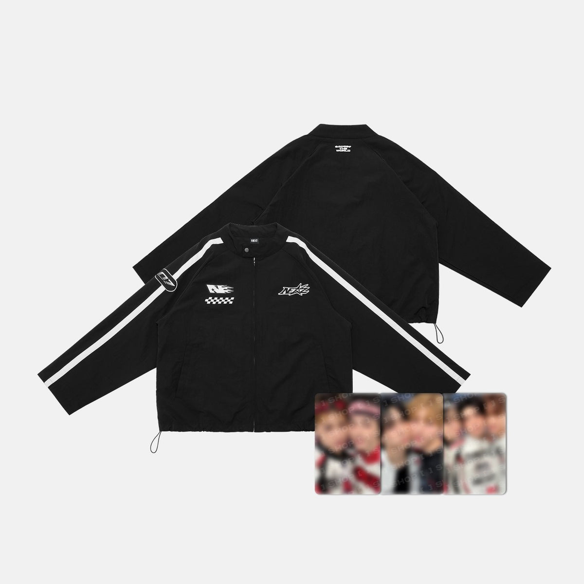 [NEXZ|نيكسز] {Kpop} (Set) NEXZ - Tour Jacket Free Size, Chest 68 cm + 3 Unit Photo Cards (NEXZ 1ST ASIA TOUR <SAUCIN' THE WORLD>) | نيكسز - جاكيت الجولة مقاس حر، عرض الصدر 68 سم + 3 بطاقات صور