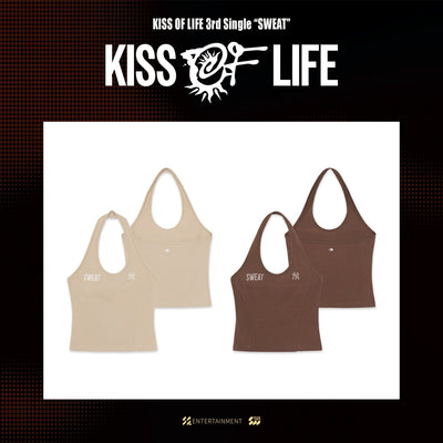 [KISS OF LIFE|كيس أوف لايف] {Kpop} (One) KISS OF LIFE x MLB - SWEAT Halterneck Sleeveless T-Shirt (Brown / Sand, S-M) | كيس أوف لايف × إم إل بي - تيشيرت بدون أكمام برقبة هالتر [سويت] (بنّي / رملي، S-M)