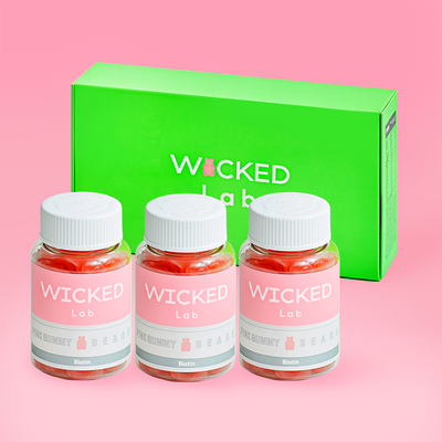 [Hair|شعر] (set) Wicked - Lab Pink Gummy Bear Vegan Multi Vitamin Biotin Jelly 1500 mcg 3 bottles (120 gum) | مجموعة Wicked - Lab دب جيلي وردي نباتي متعدد الفيتامينات بيوتين جيلي 1500 mcg 3 زجاجات (120 قطعة جيلي)