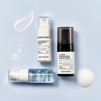 [Care|العناية] (Set) Meditherapy Glass Skin Kit – HA First Serum 20ml + Vitamin Bubble Serum 30ml + Tranexamic Cream 20ml | ميديثيرابي - مجموعة البشرة الزجاجية: هيالورونيك 20مل + بابل سيروم 30مل + ترانيكساميك 20مل