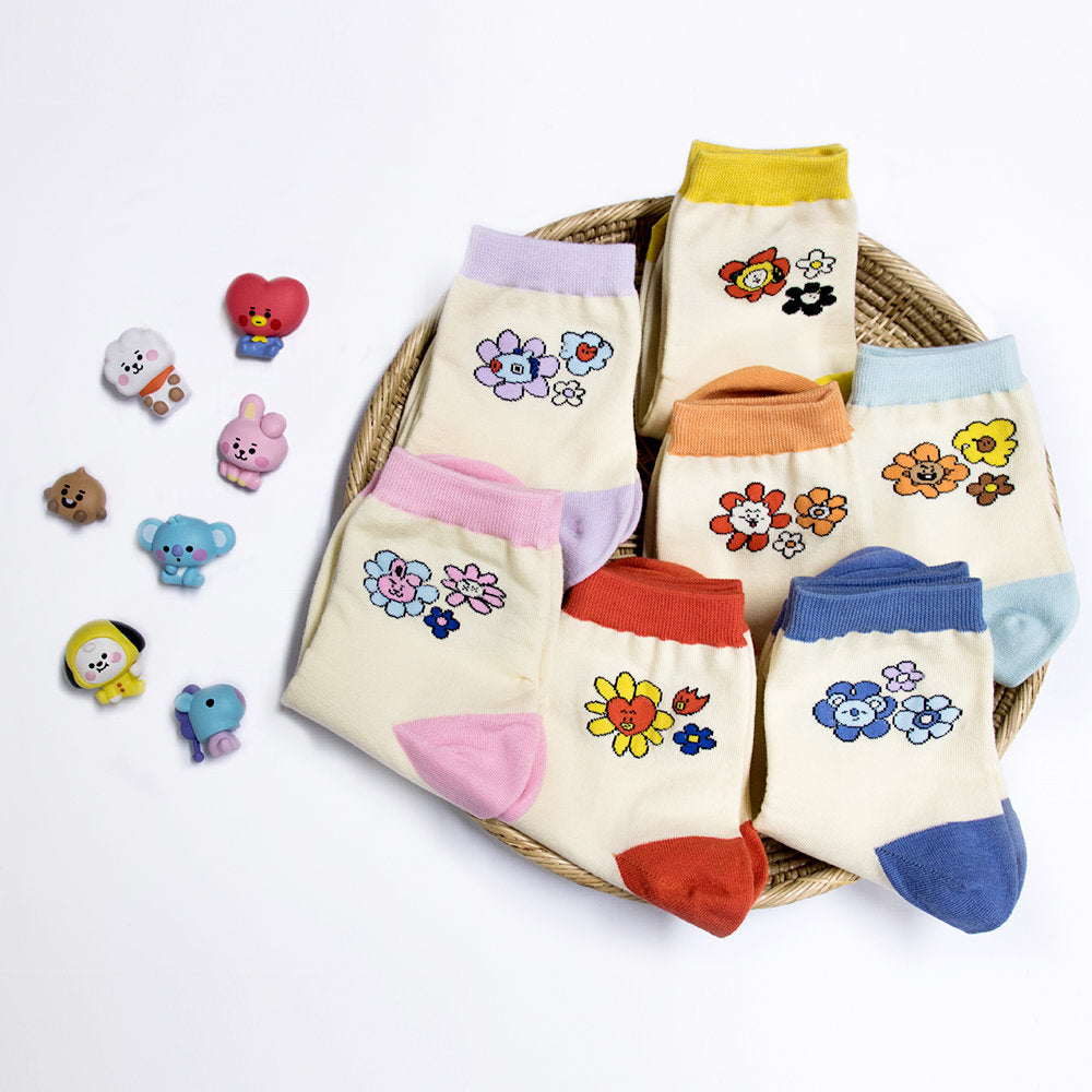 سيت- بتس عدد 7 ازواج لكل شخصيات بتس| (SET) BT21- Women's Flower Mid-neck Socks 7 Pairs Set