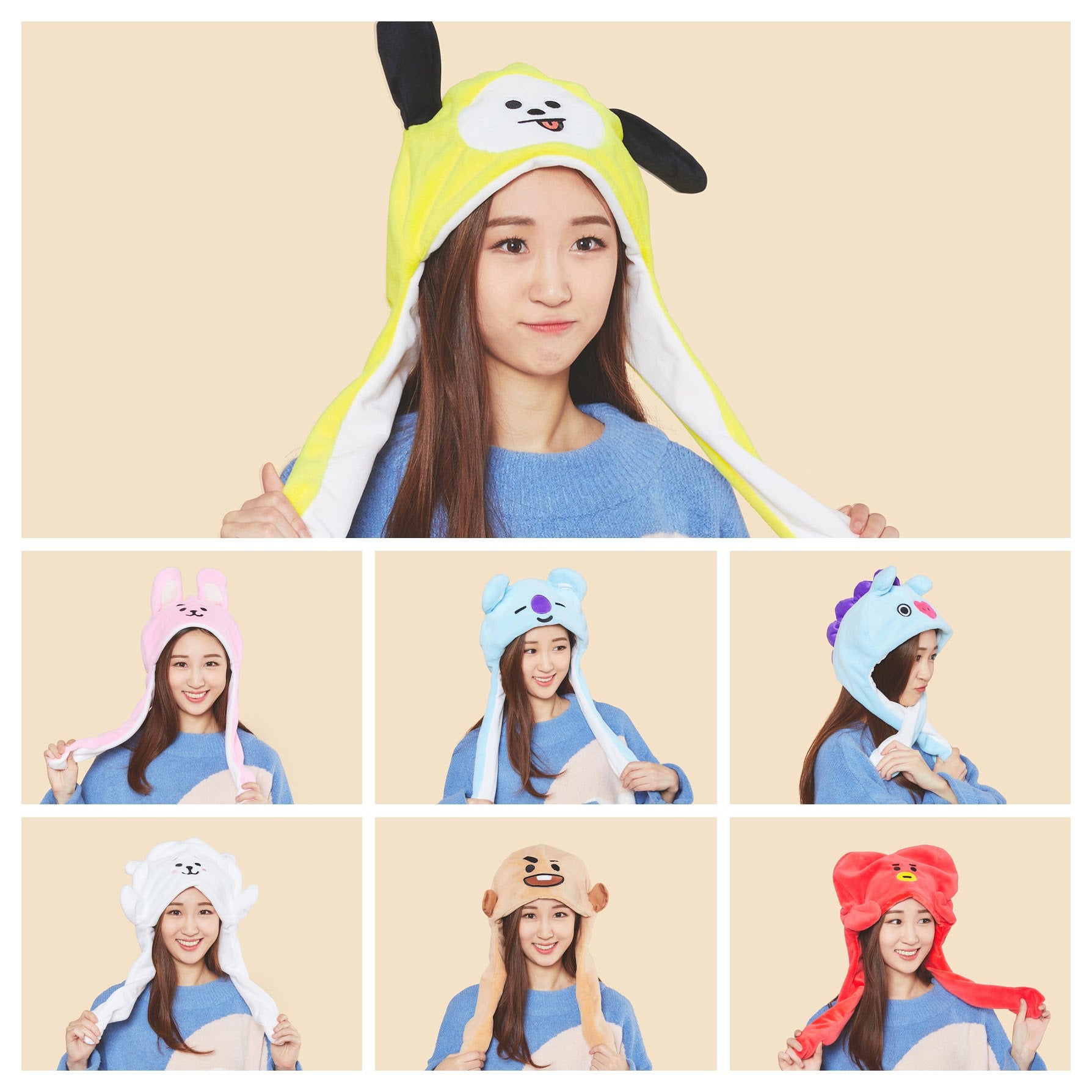 (One) BT21  - Action Figure  Hat قبعات لشخصيات بي تي اس تتحرك الاذن بشكل طريف
