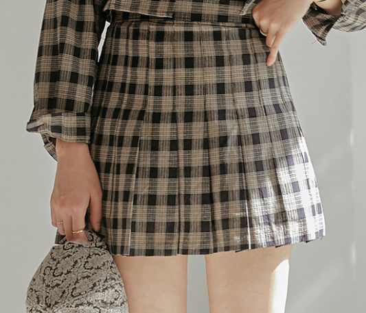 شيرت بونيت شيكيرد بلاست تنورة راقية | (ONE) [SKIRT] Bonet checkered Pleats Pants Skirt