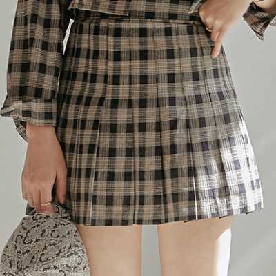 شيرت بونيت شيكيرد بلاست تنورة راقية | (ONE) [SKIRT] Bonet checkered Pleats Pants Skirt