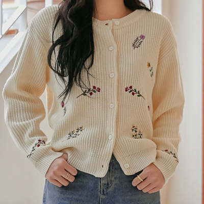 سترة من صوف محيوك  | (ONE) [CARDIGAN] Valenti Flower Knit Cardigan