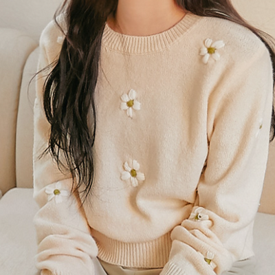 كنزة صوف لمجموعة الخريف  | (ONE) [SWEATER] Cobin Flower Needle Round Knit