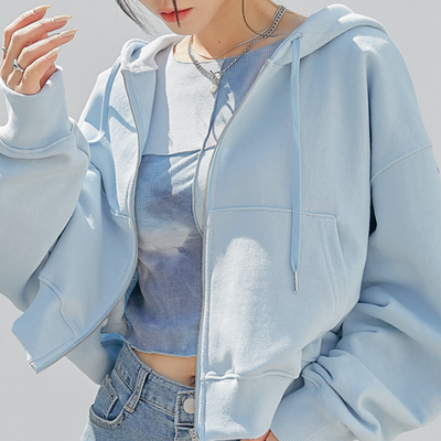 جاتكيت قماش بارد مفتوح من الامام لمجموعة الخريف |  (ONE) [JACKET] Raelon Crop Top Hoodie Zipup